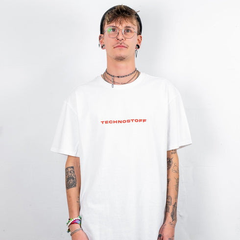 Raver mit weißem Brainwaves oversized T-Shirt von Technostoff, Vorderansicht